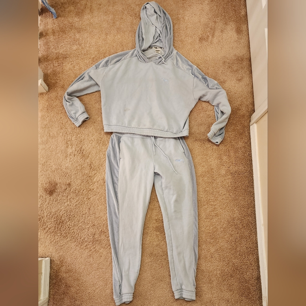 Victoria Secrets Pink Brand Women's Light Blue Velour Tracksuit Set